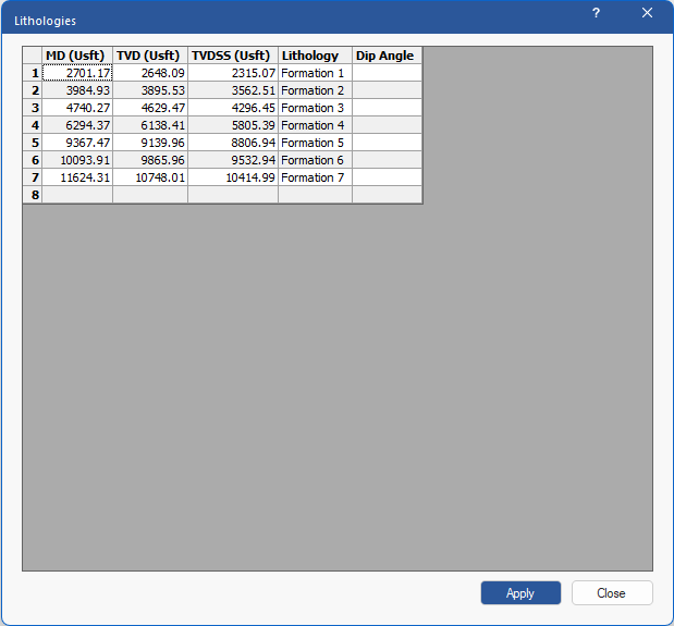 Figure 85: Lithologies Dialog