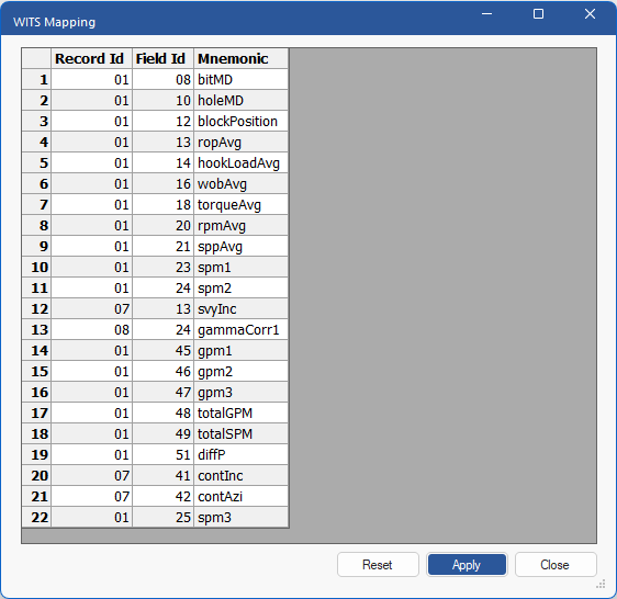 Figure 189: WITS Mapping dialog