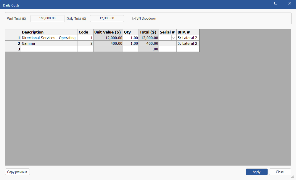 Figure 258: Daily Costs Dialog