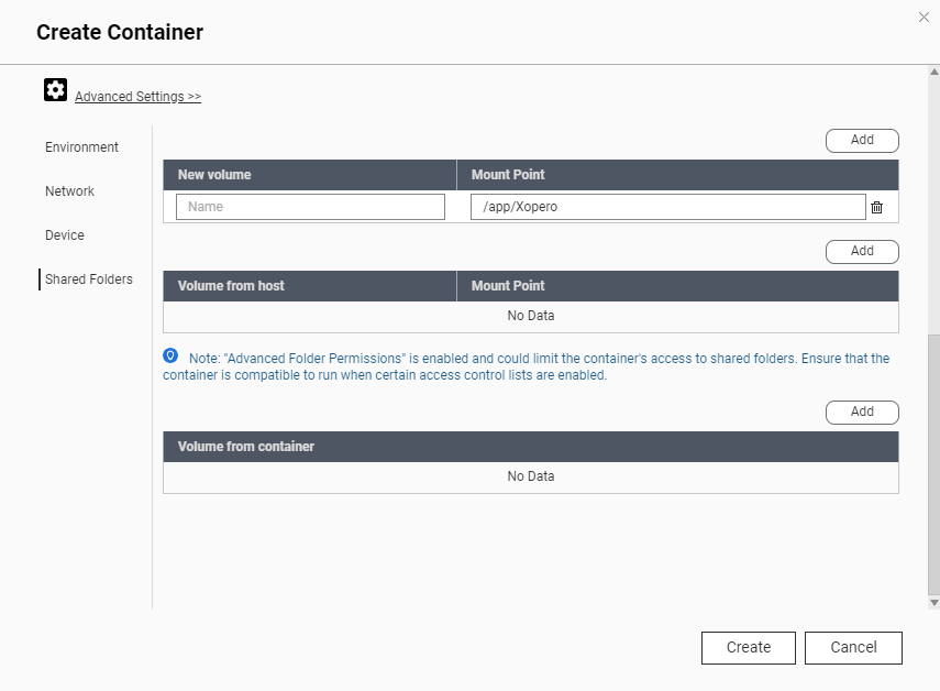 Creating contener - shared folders tab