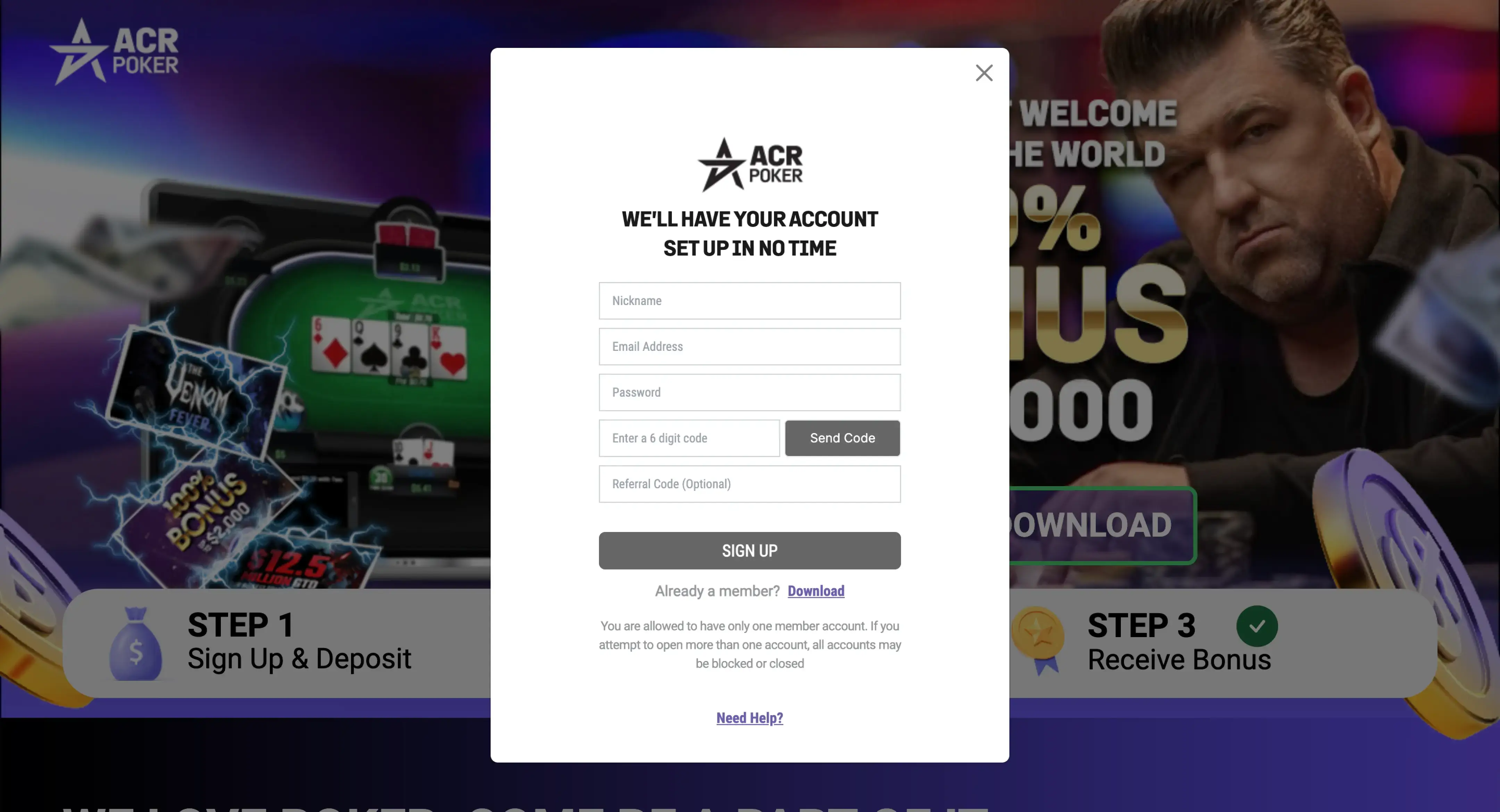 Novo ecrã de registo de utilizador na aplicação ACR Poker (Americas Cardroom)