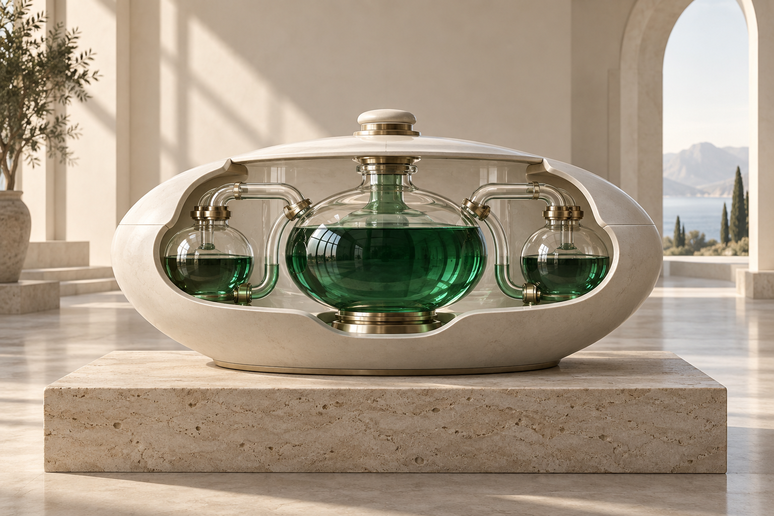 Porcelain reservoir enclosing three connected glass chambers filled with deep emerald liquid, on a pale stone base.