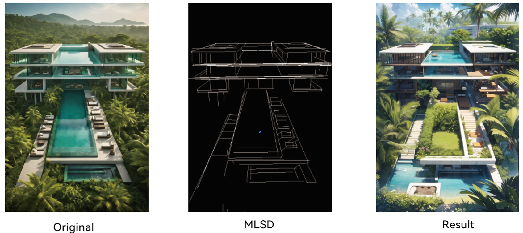 Comparison of the original image, MLSD recognition image, and result image