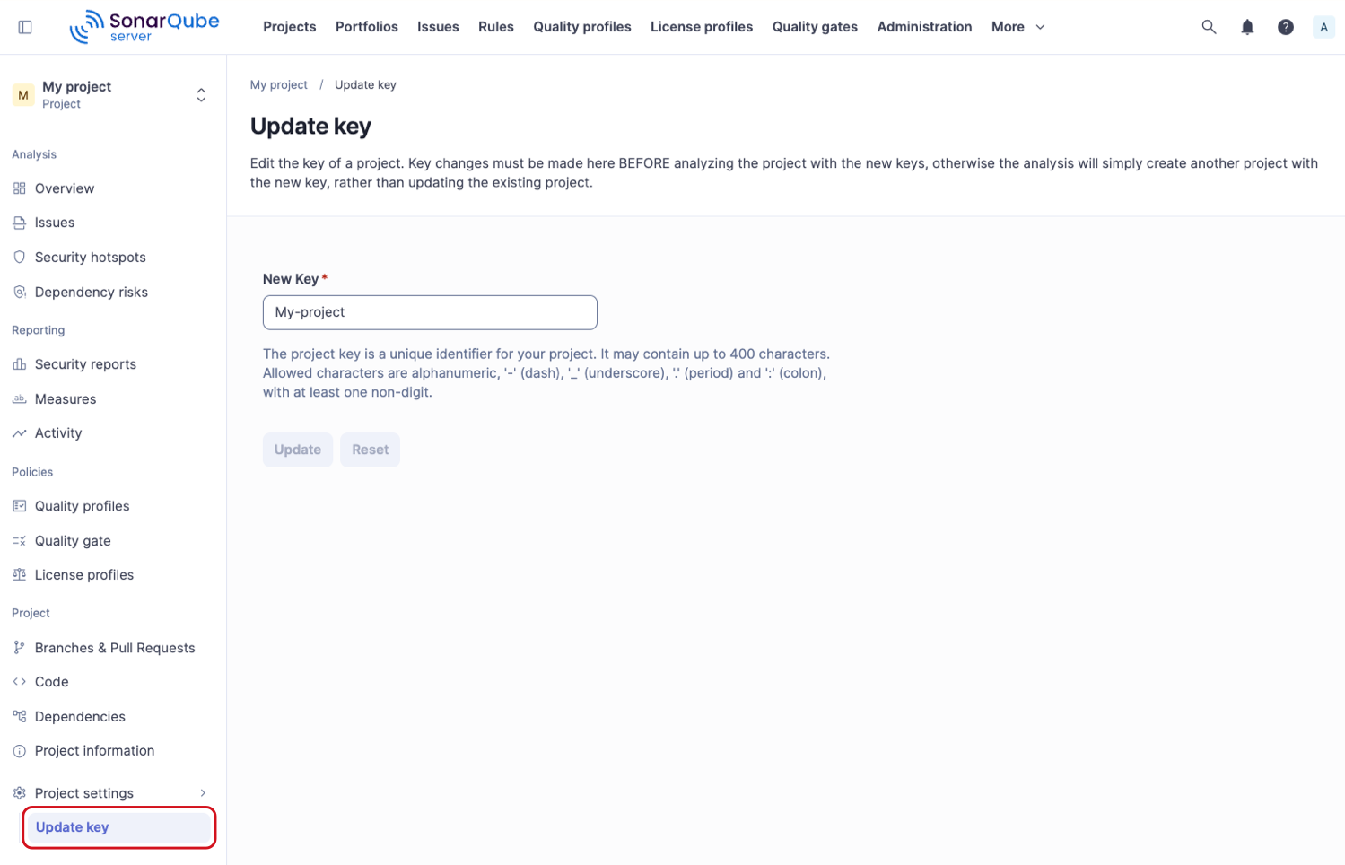 Updating a project key