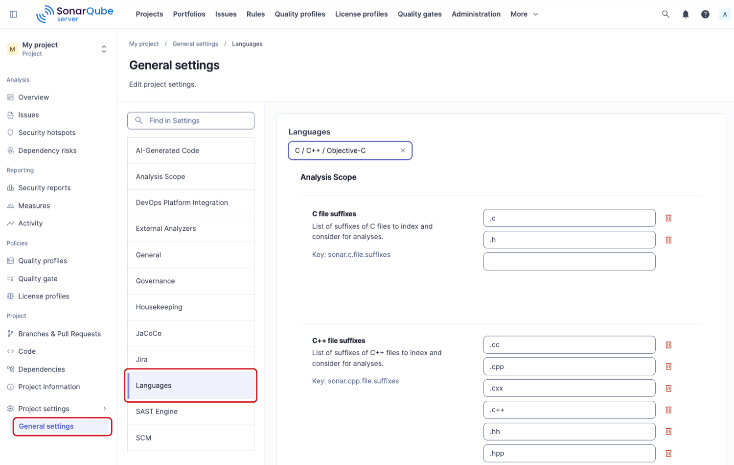 Defining file suffixes in SonarQube user interface.