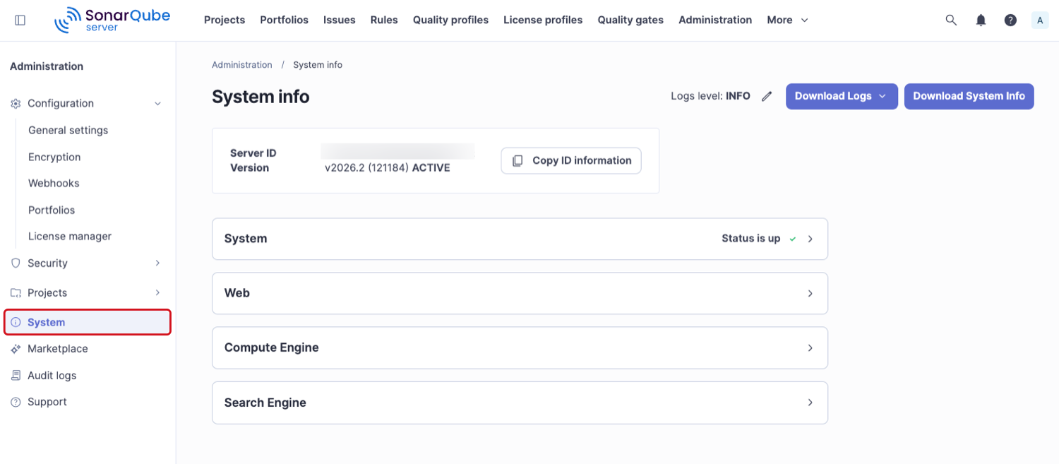 The system page contains important information about your SonarQube instance