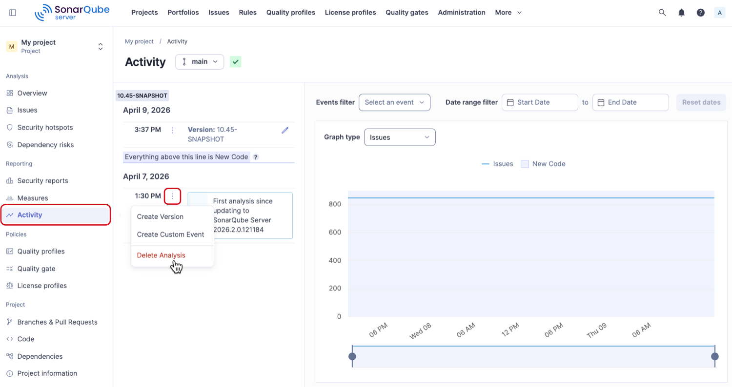 Delete your SonarQube project’s analysis snapshot.