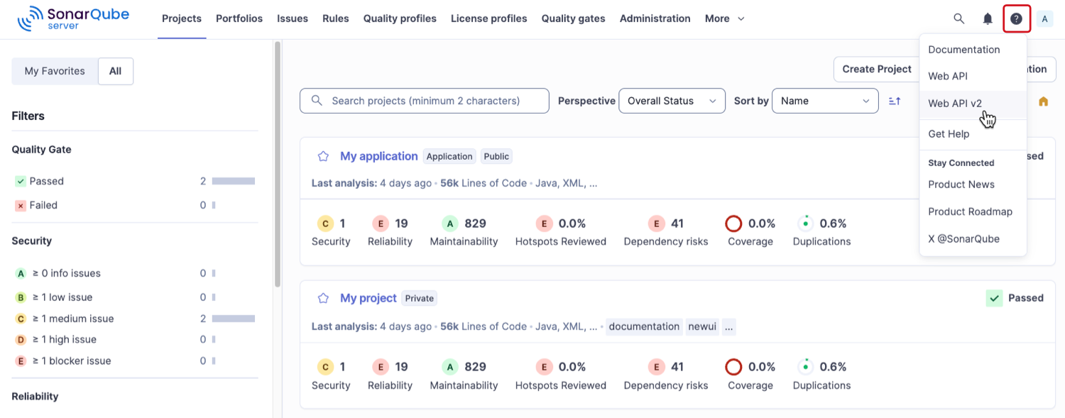Accessing the Web API from SonarQube