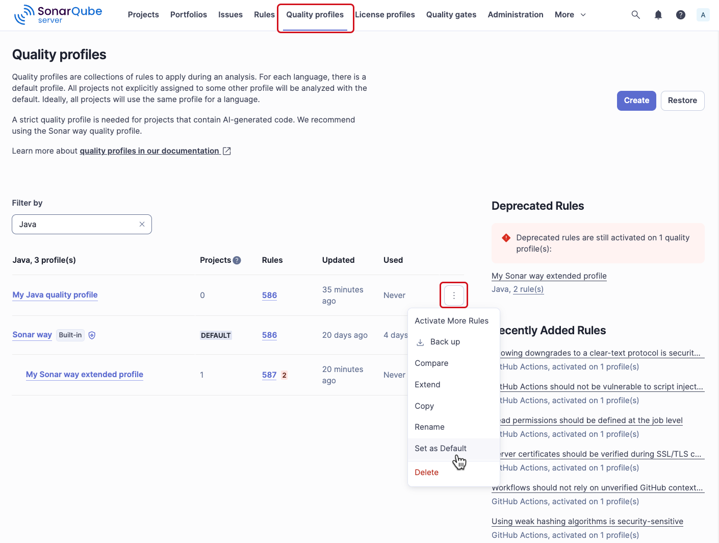 Setting a default profile