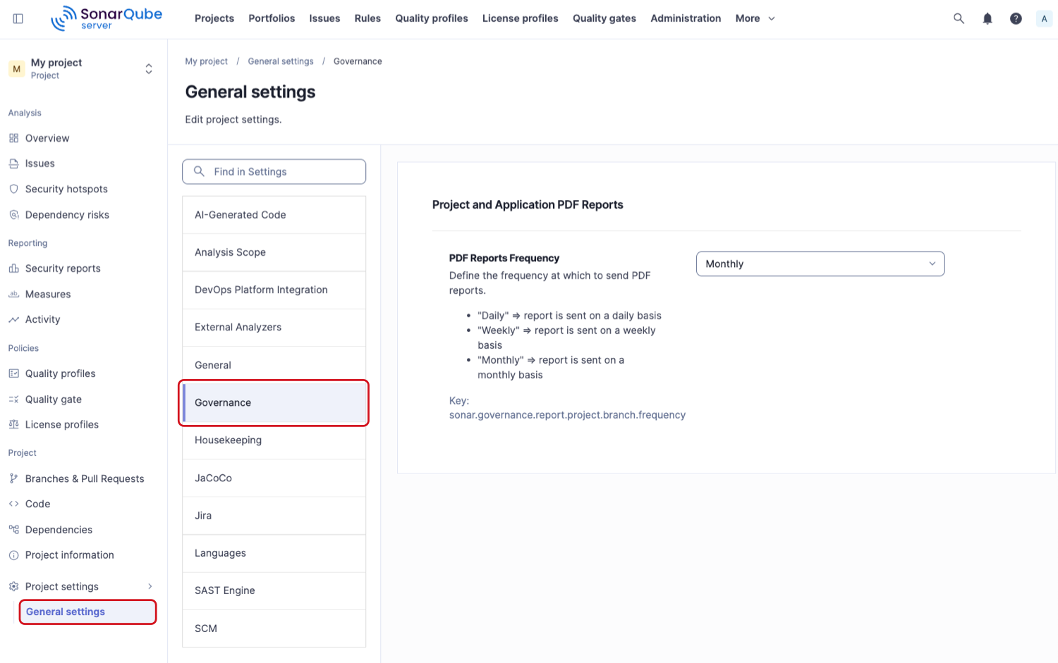 Changing project pdf reports frequency