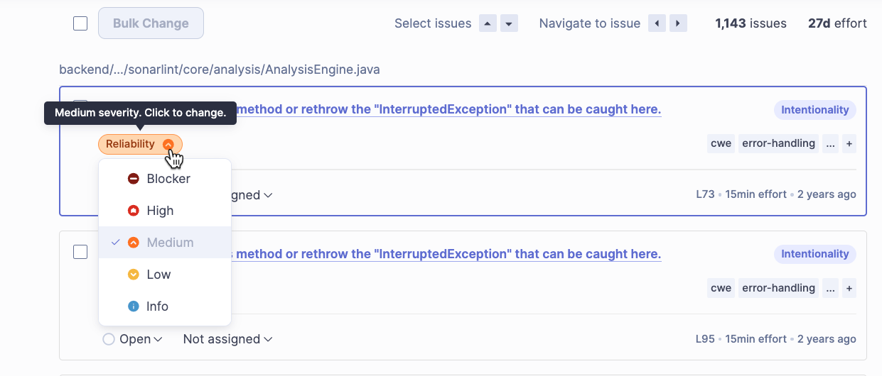 Changing the severity level of an issue in SonarQube.
