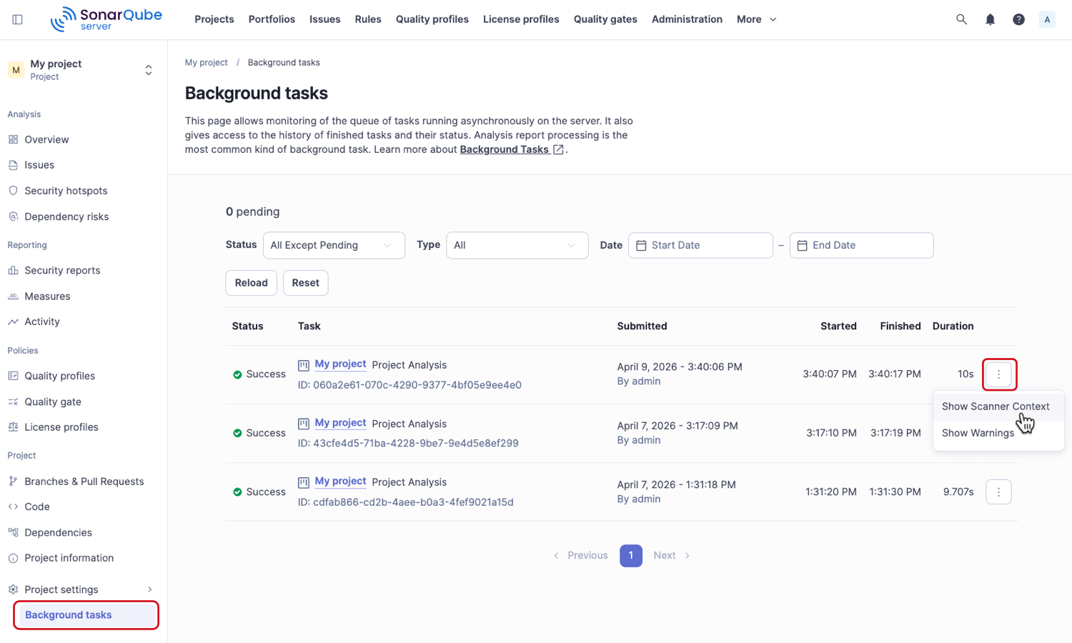 Retrieving the scanner context from the background tasks page