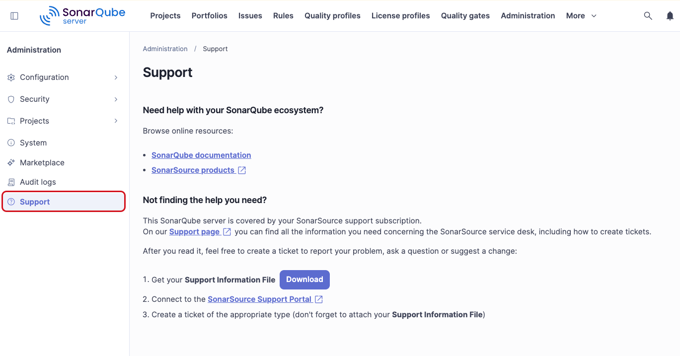 Support page in SonarQube