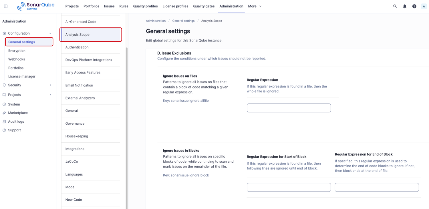 Setting analysis exclusions