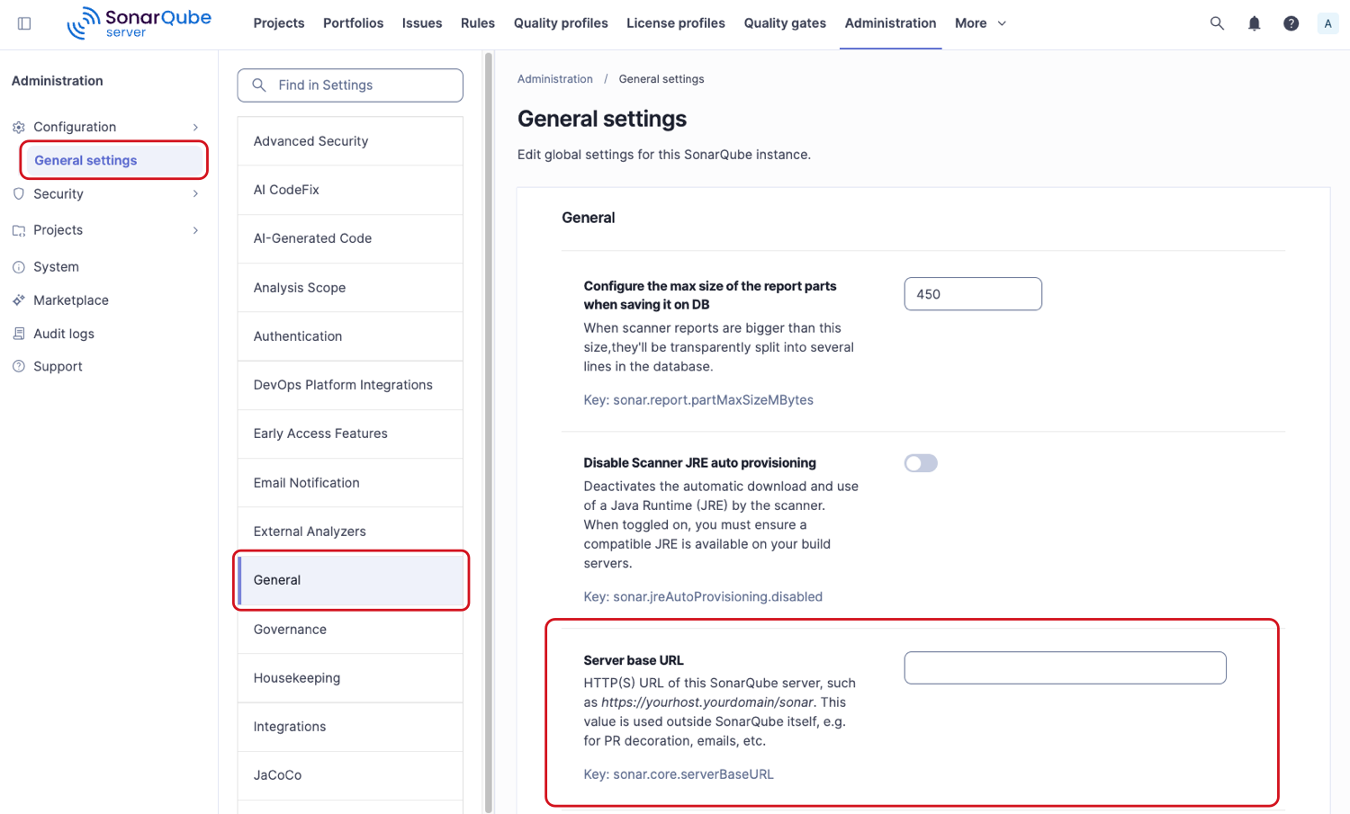 Configuring the server based url in the administration settings