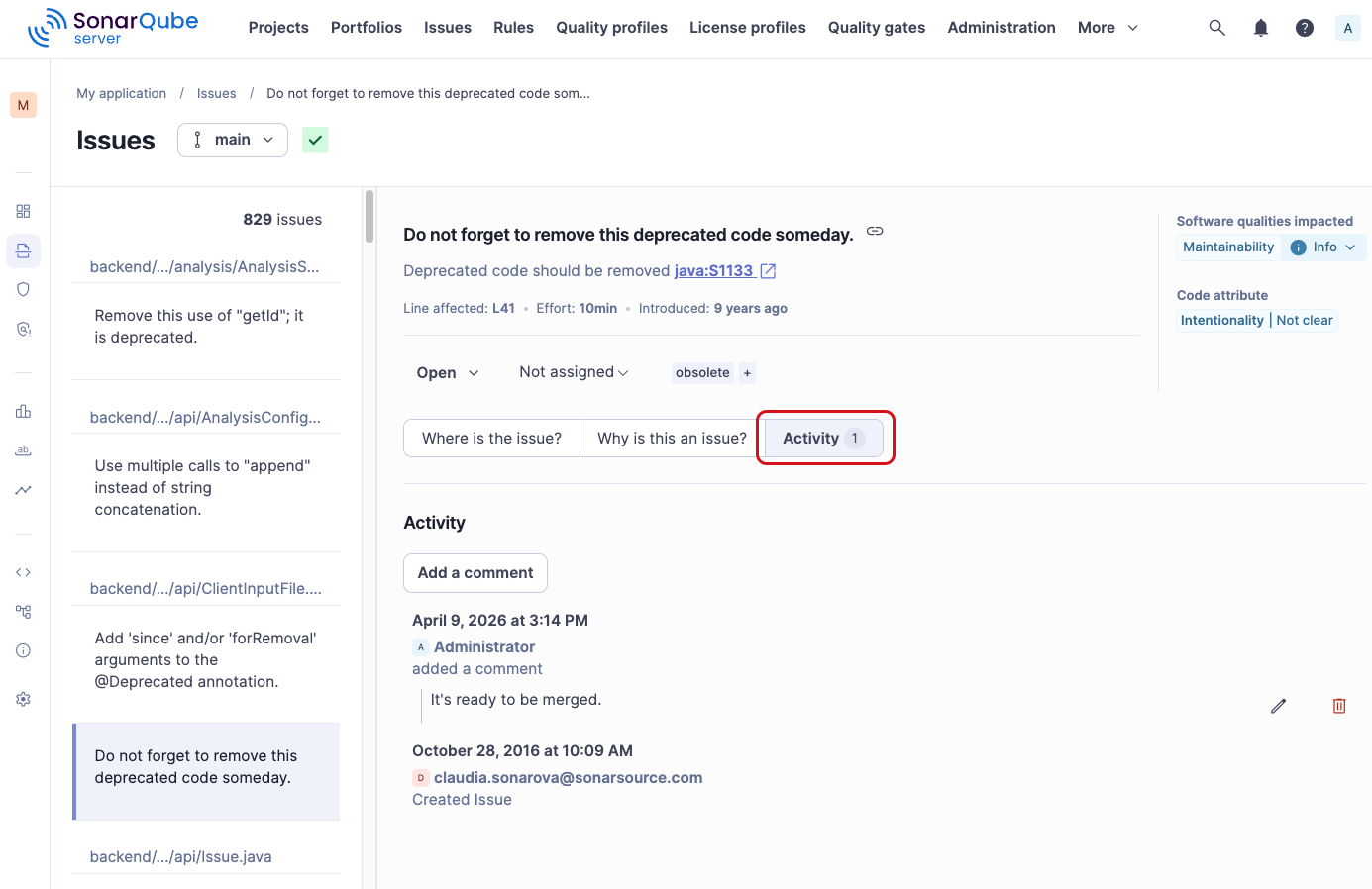 Activity tab