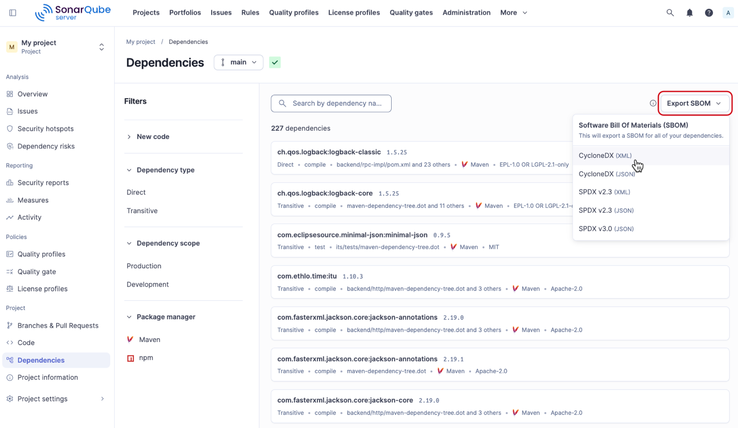 The Export SBOM button in SonarQube Server