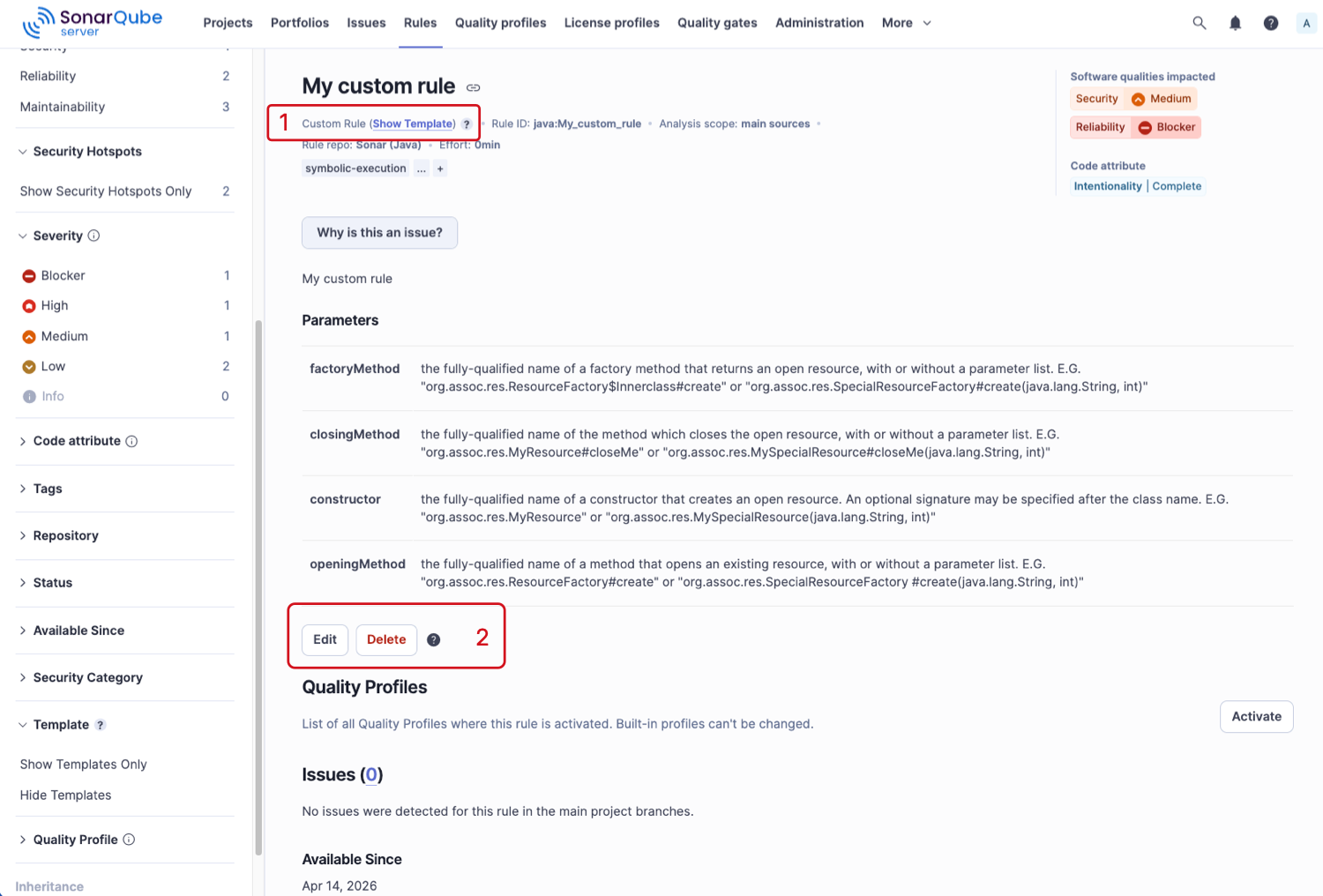 Custom rules details as found in SonarQube.