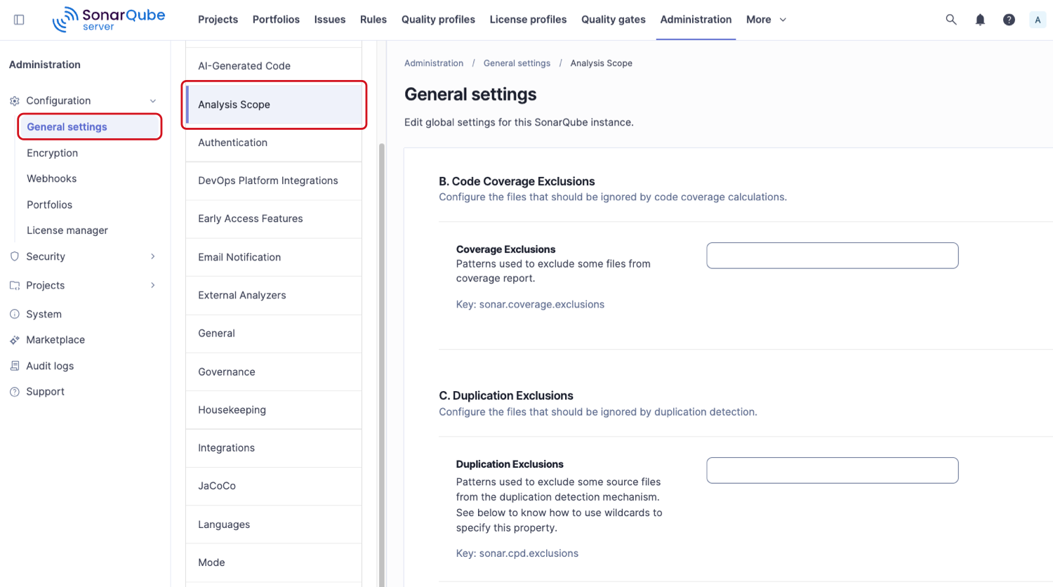 Setting analysis exclussions