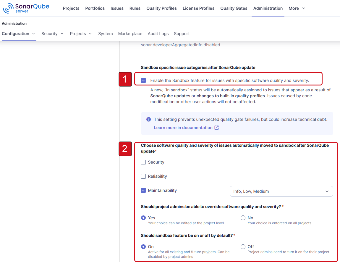 When you enable the Sandbox feature (1) the condition configuration pane is displayed (2)