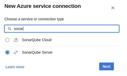 Search for "sonar" when adding a new service connection to your Azure DevOps pipeline.