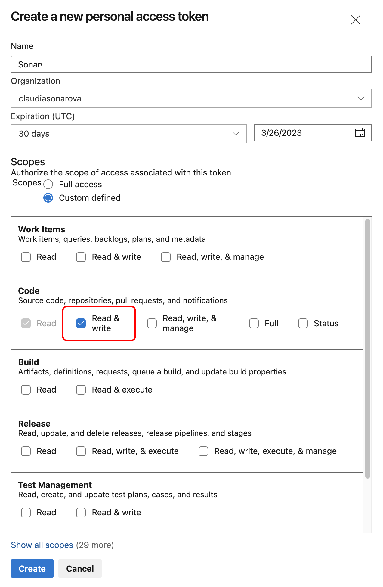 The Create a new personal access token modal found in Azure DevOps.
