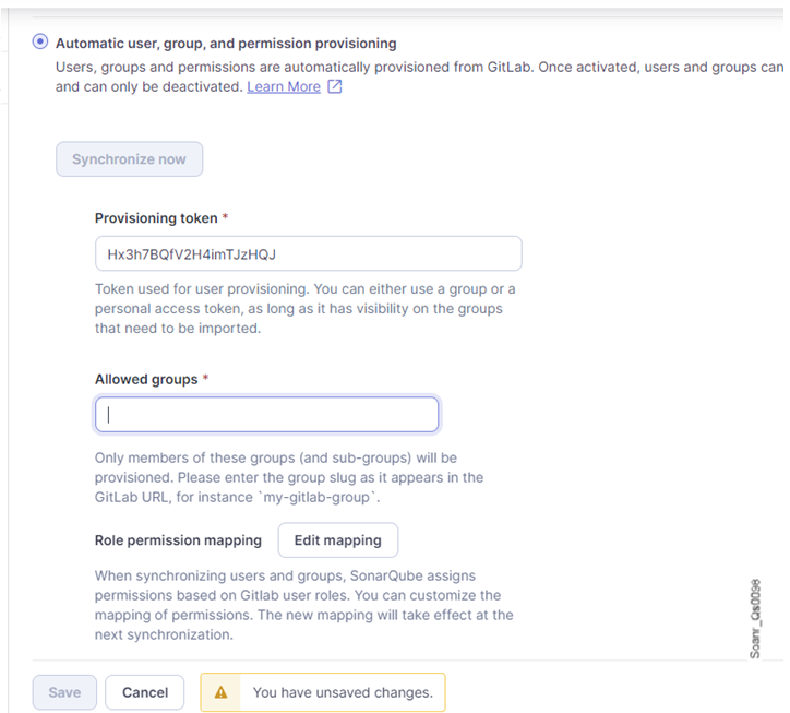 Enable the automatic provisioning in SonarQube Server by entering the GitLab token