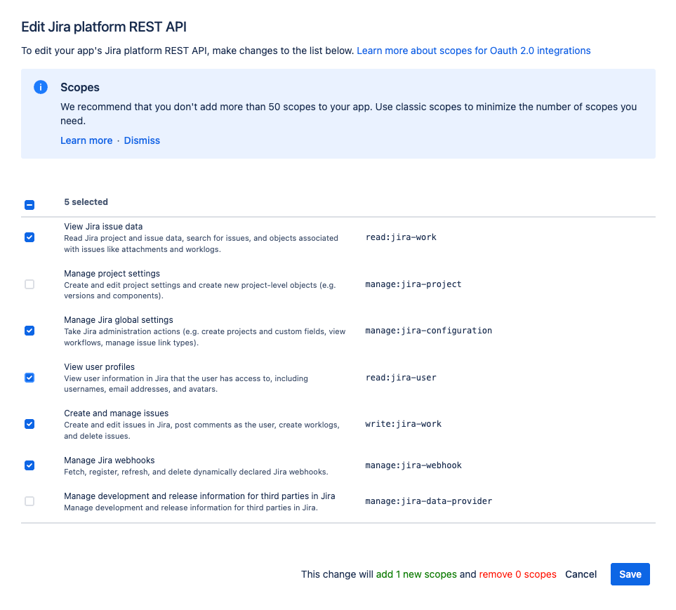 Selecting the scopes for the app