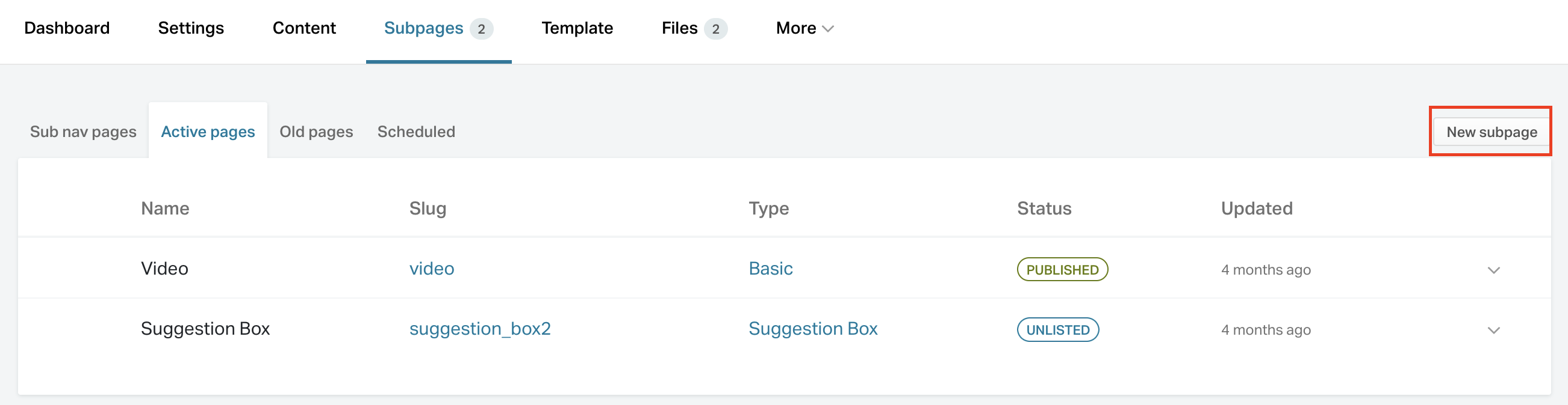Where to find the new subpage button