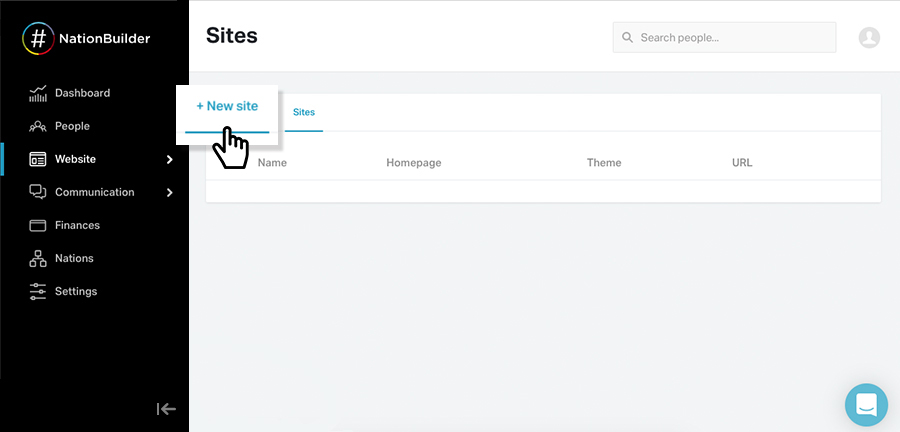 "+ New Site" option in NationBuilder