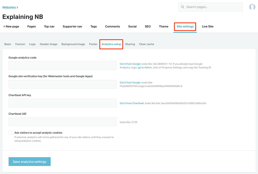 Where to find the analytics setup tab