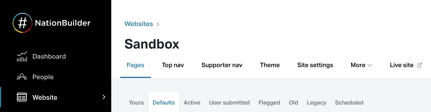 Where to find the default action pages in NationBuilder