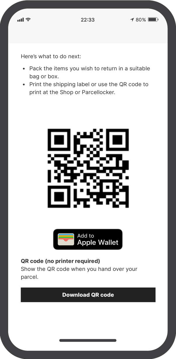 Option available to add the return QR code to the Apple Wallet