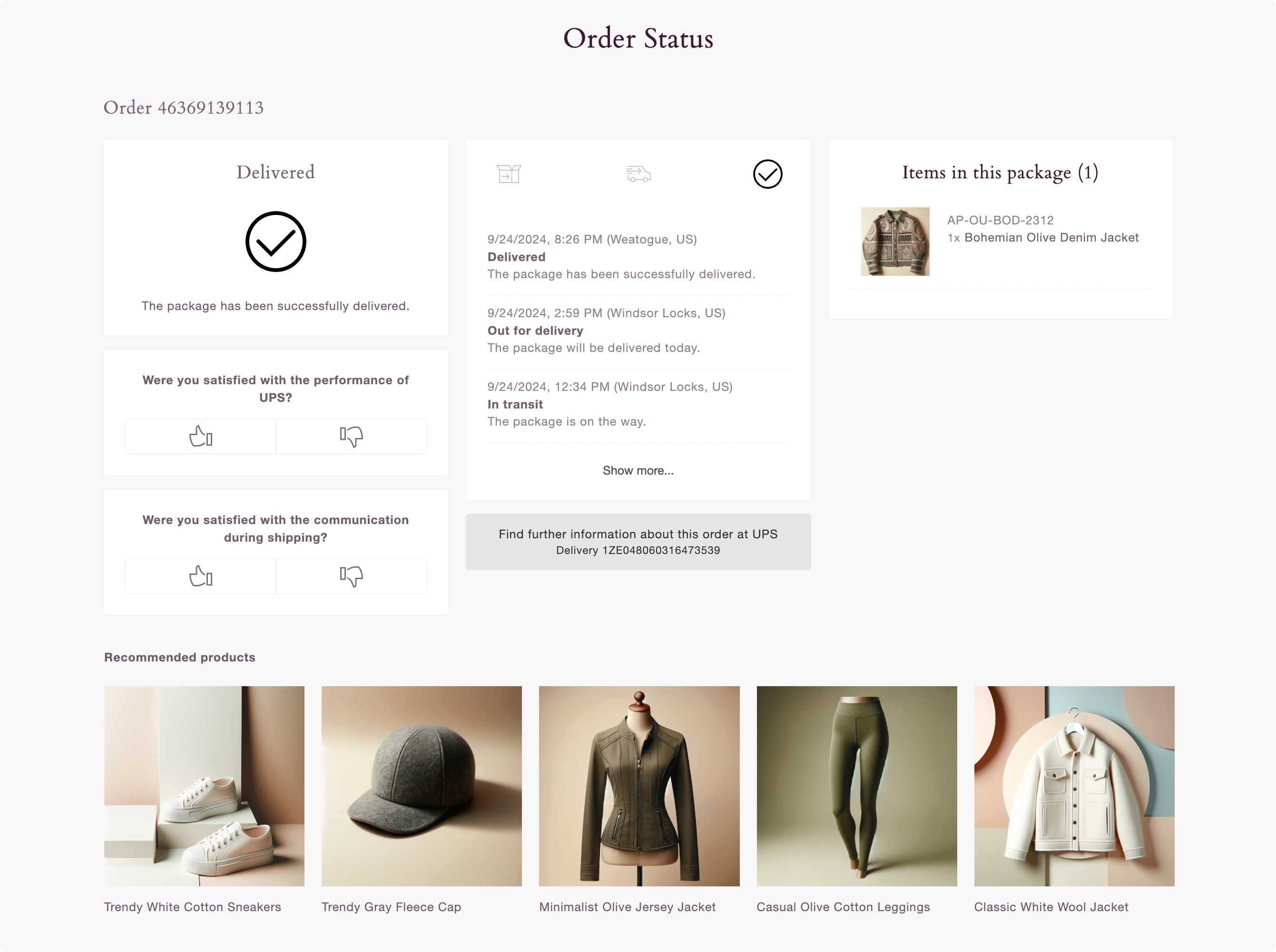 Recommended products displayed on the Order Status page