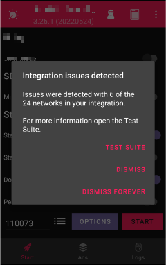 Test Suite pop-up for App in Debug mode