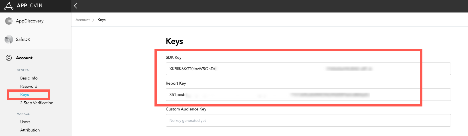 AppLovin Dashboard Keys page