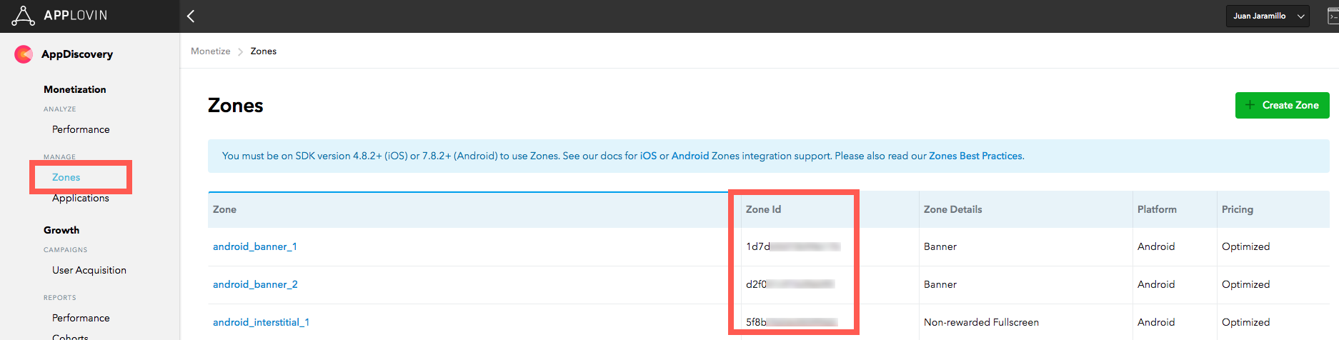 AppLovin Dashboard Zones page