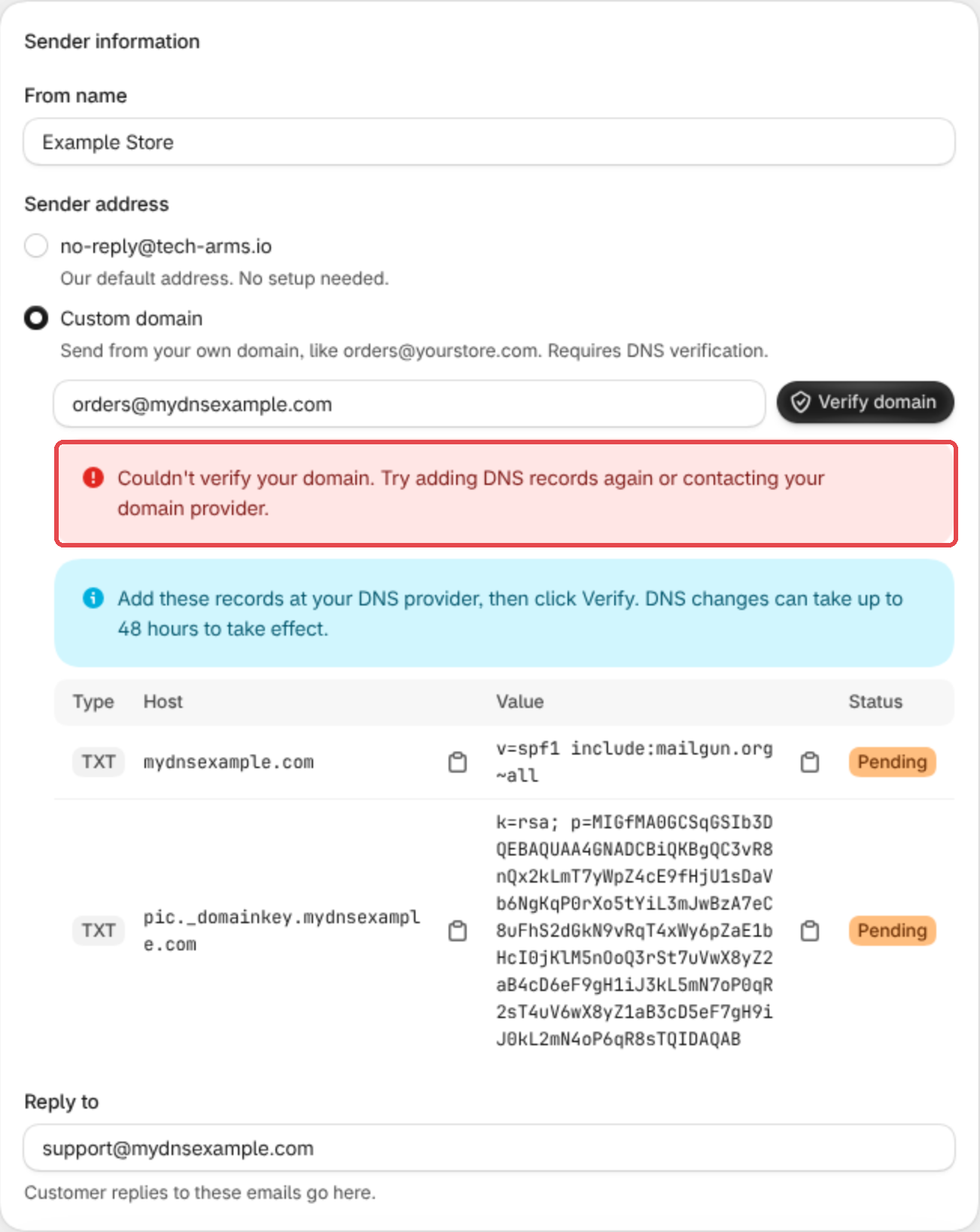 Messaggio Impossibile verificare il tuo dominio sopra i record DNS