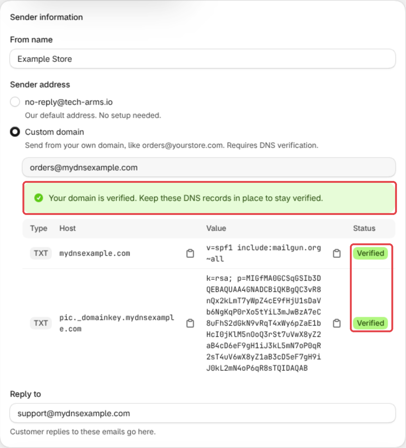 Il tuo dominio è verificato, con entrambi i record Verificato