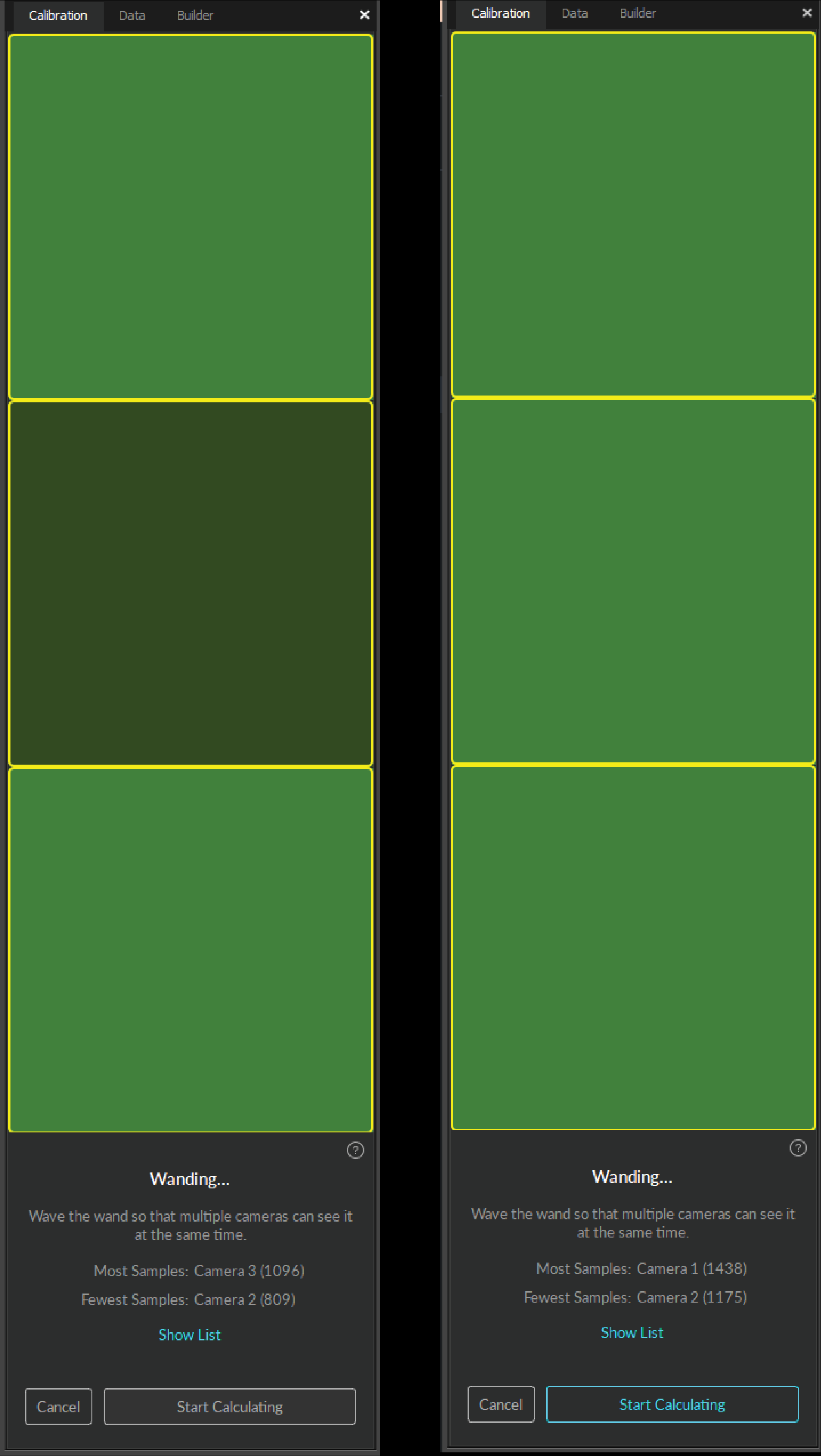 Cameras with adequate samples will turn light green. Cameras that still need to collect samples, 
will need to continue sampling until they also change to light green.