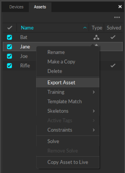 Exporting from Assets pane.