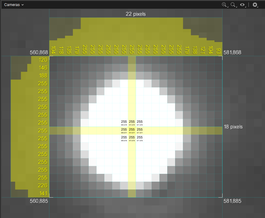 Analyzing pixel brightness values using the pixel inspector.