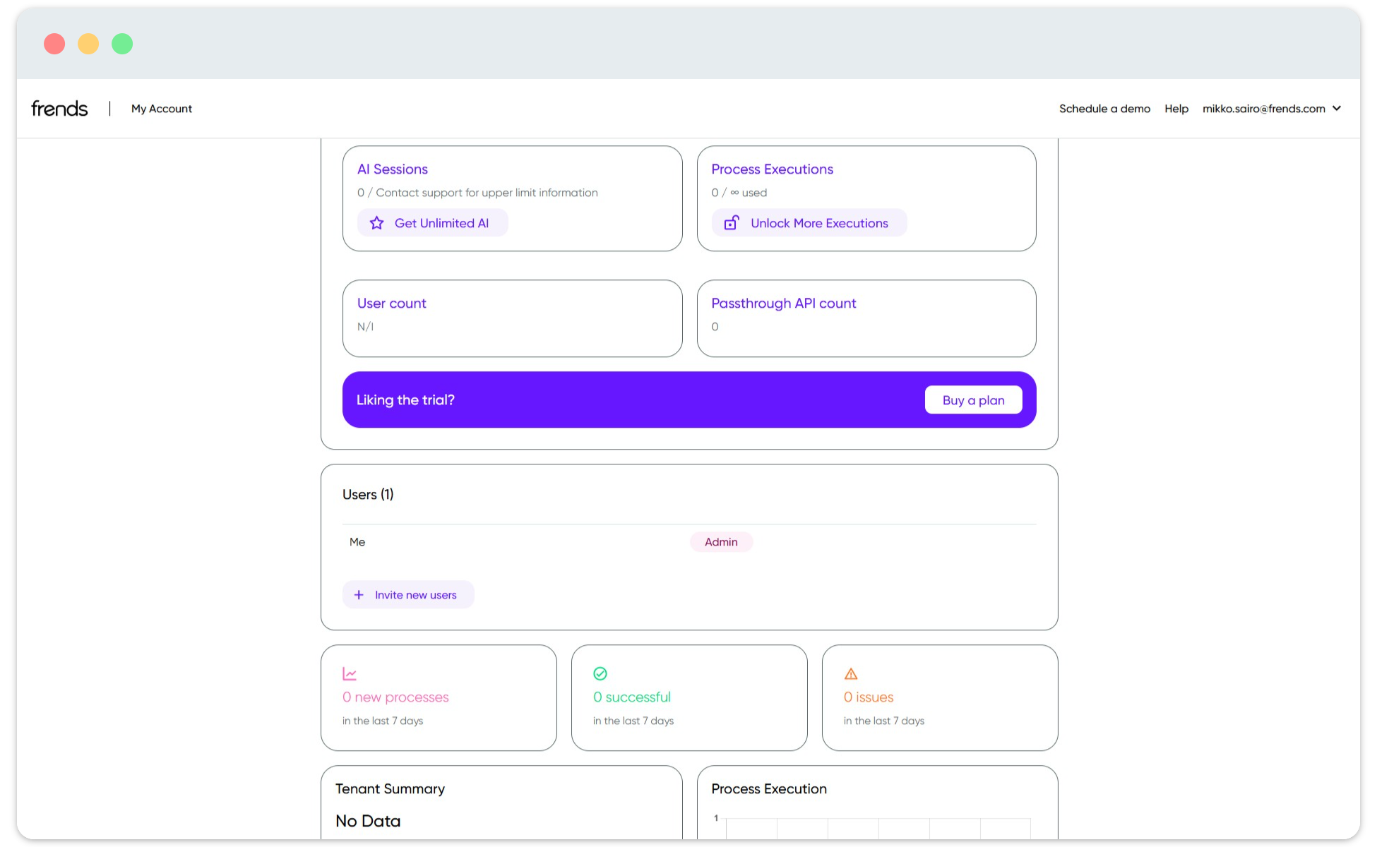 Picture shows some usage statistics about the chosen Frends Tenant.