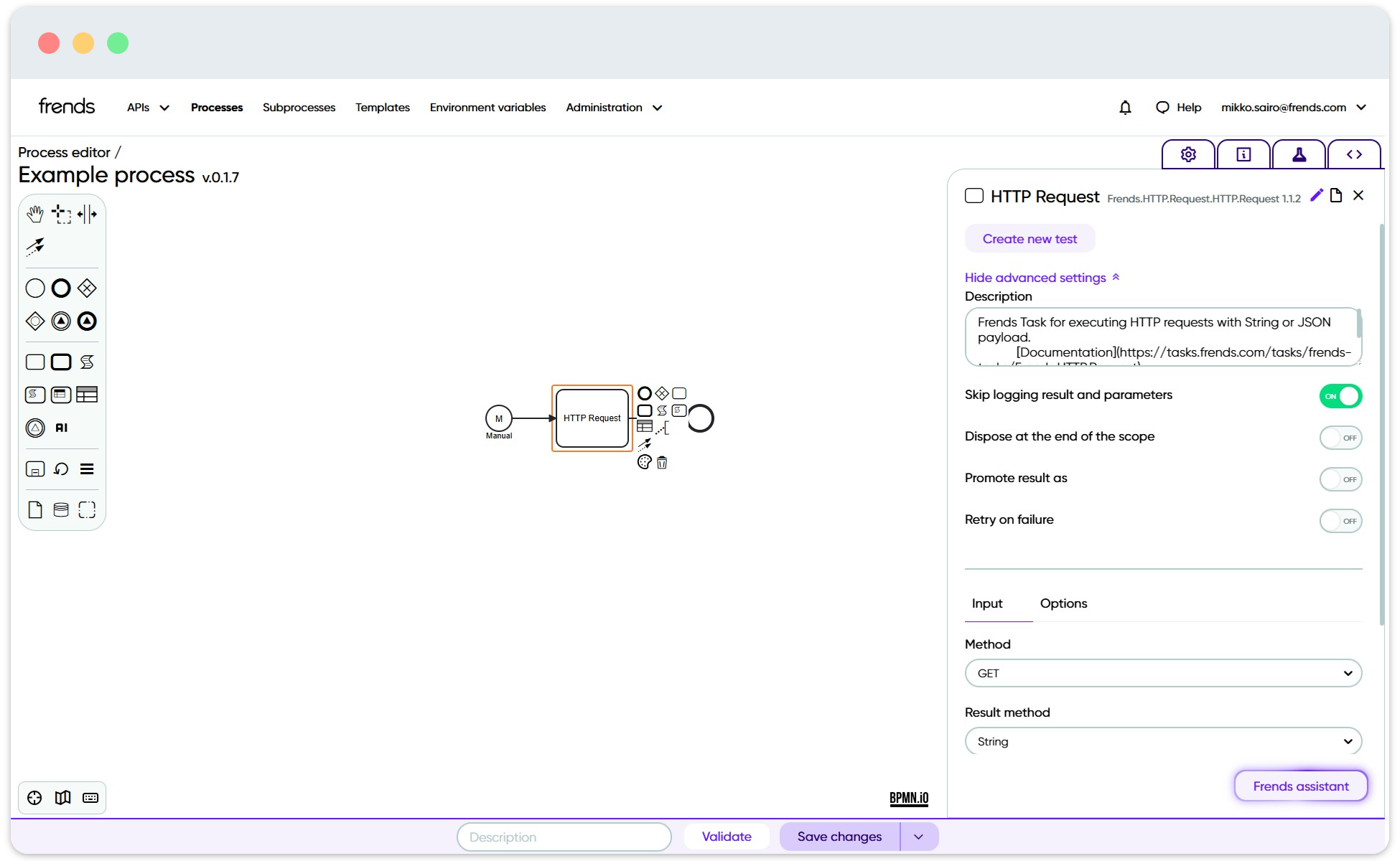 Picture of Frends Process Editor, showing the advanced settings for a shape.