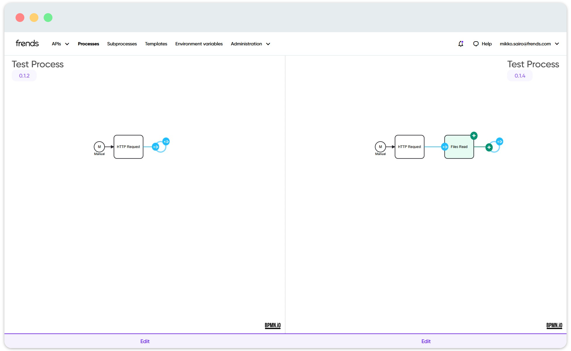 Image shows the functionality of Diff tool in Frends.