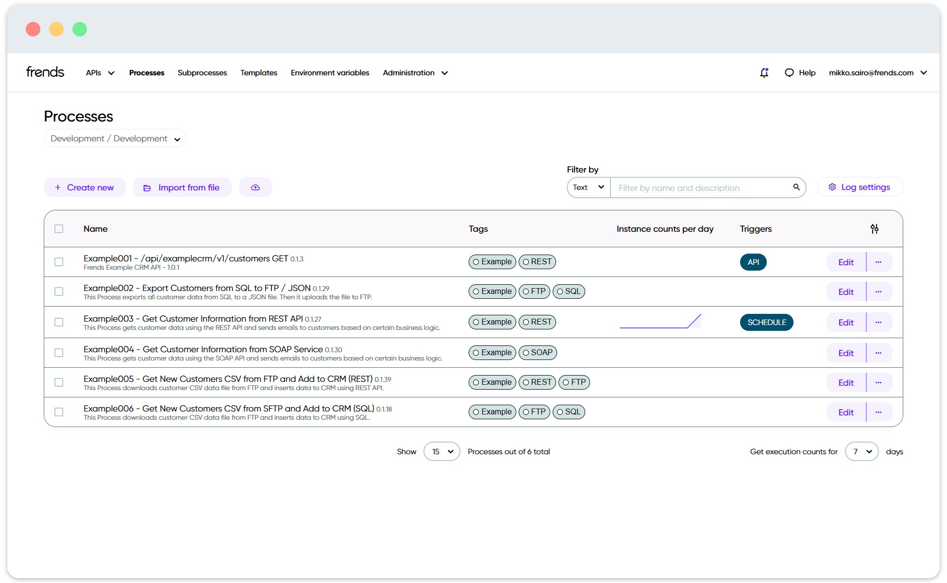 Picture shows a list of Processes in Frends.