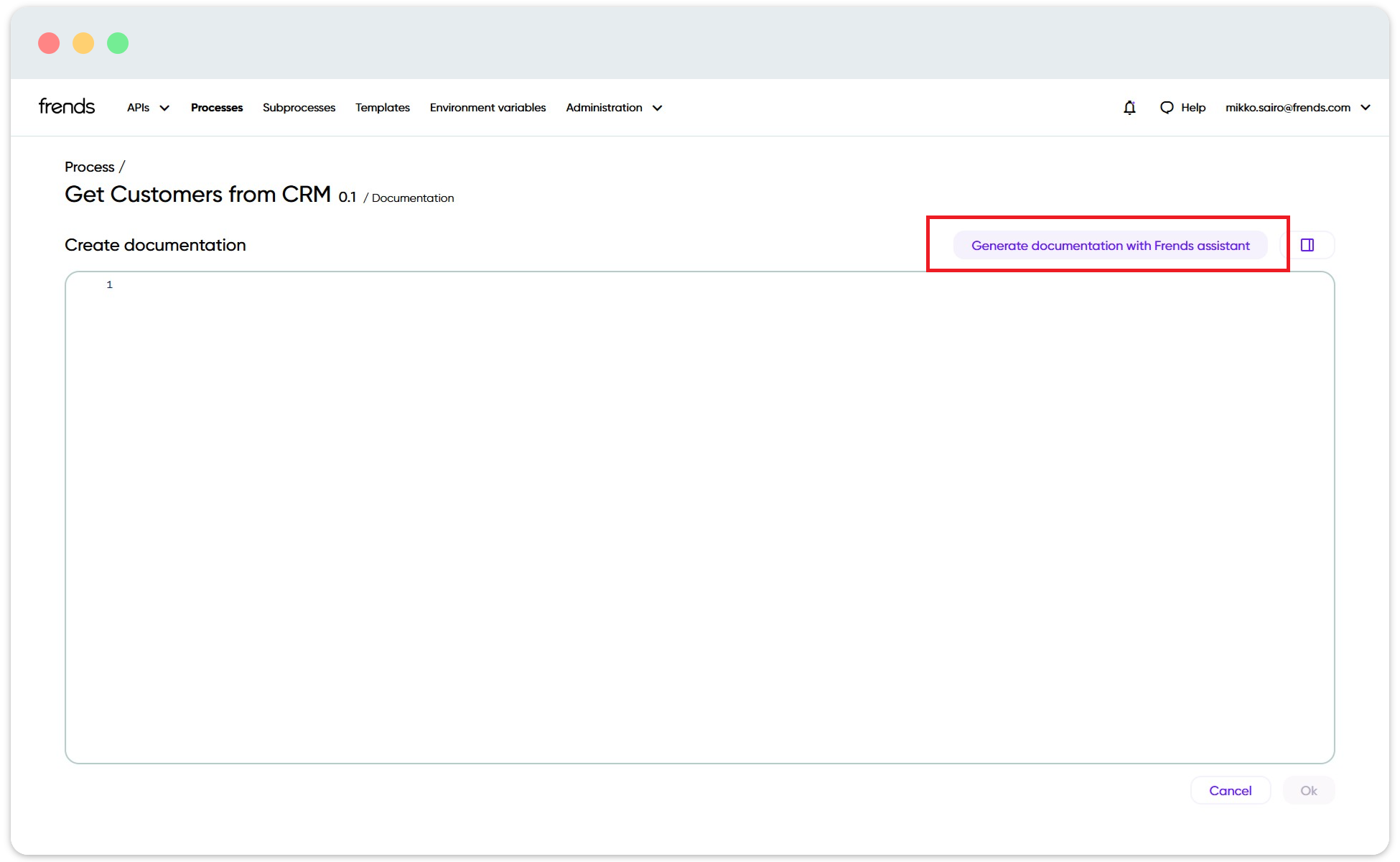 Picture depicting empty field for writing documentation, while highlighting the button to generate docs automatically with AI.