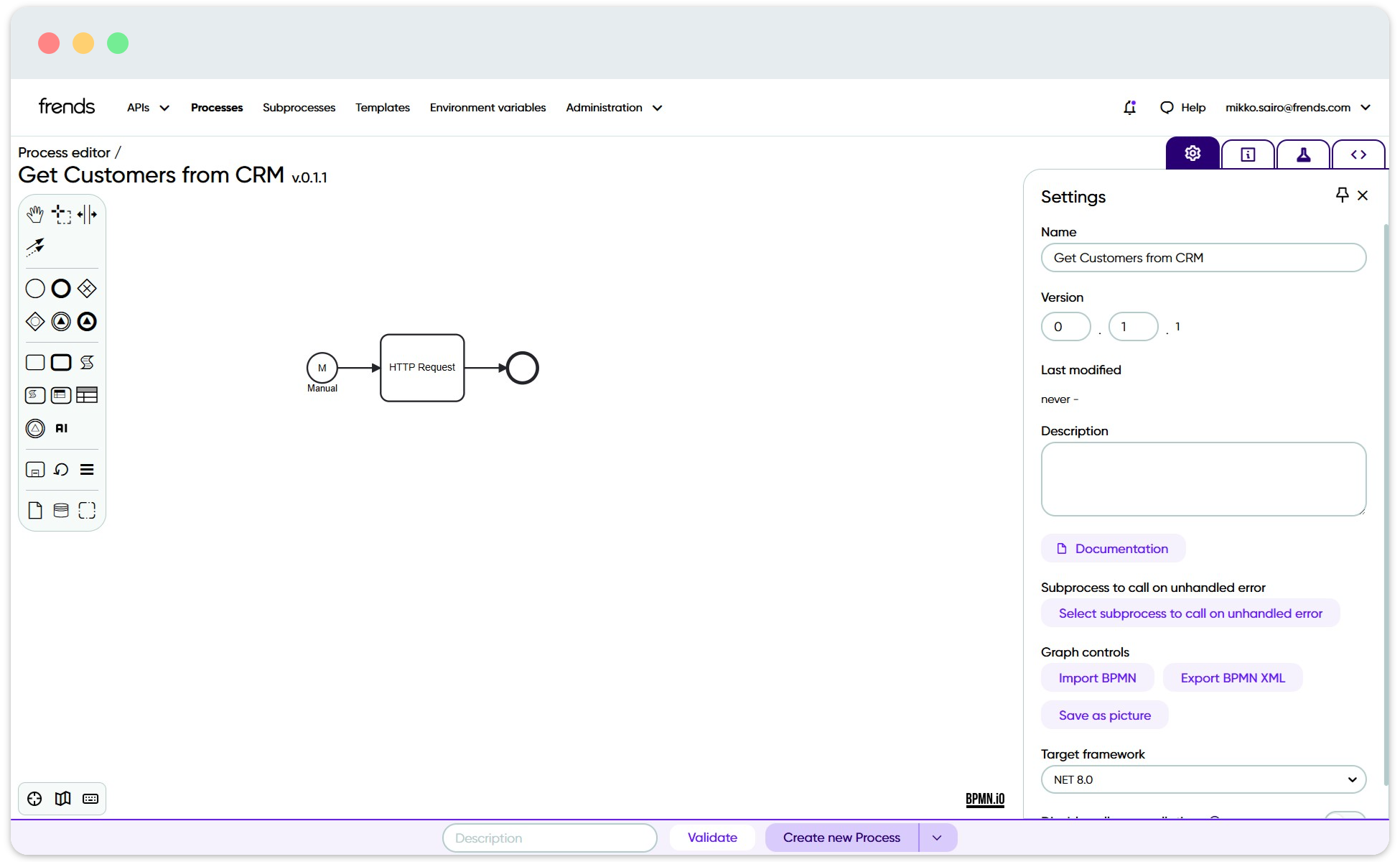 View of Frends process editor with an example process shown on it.