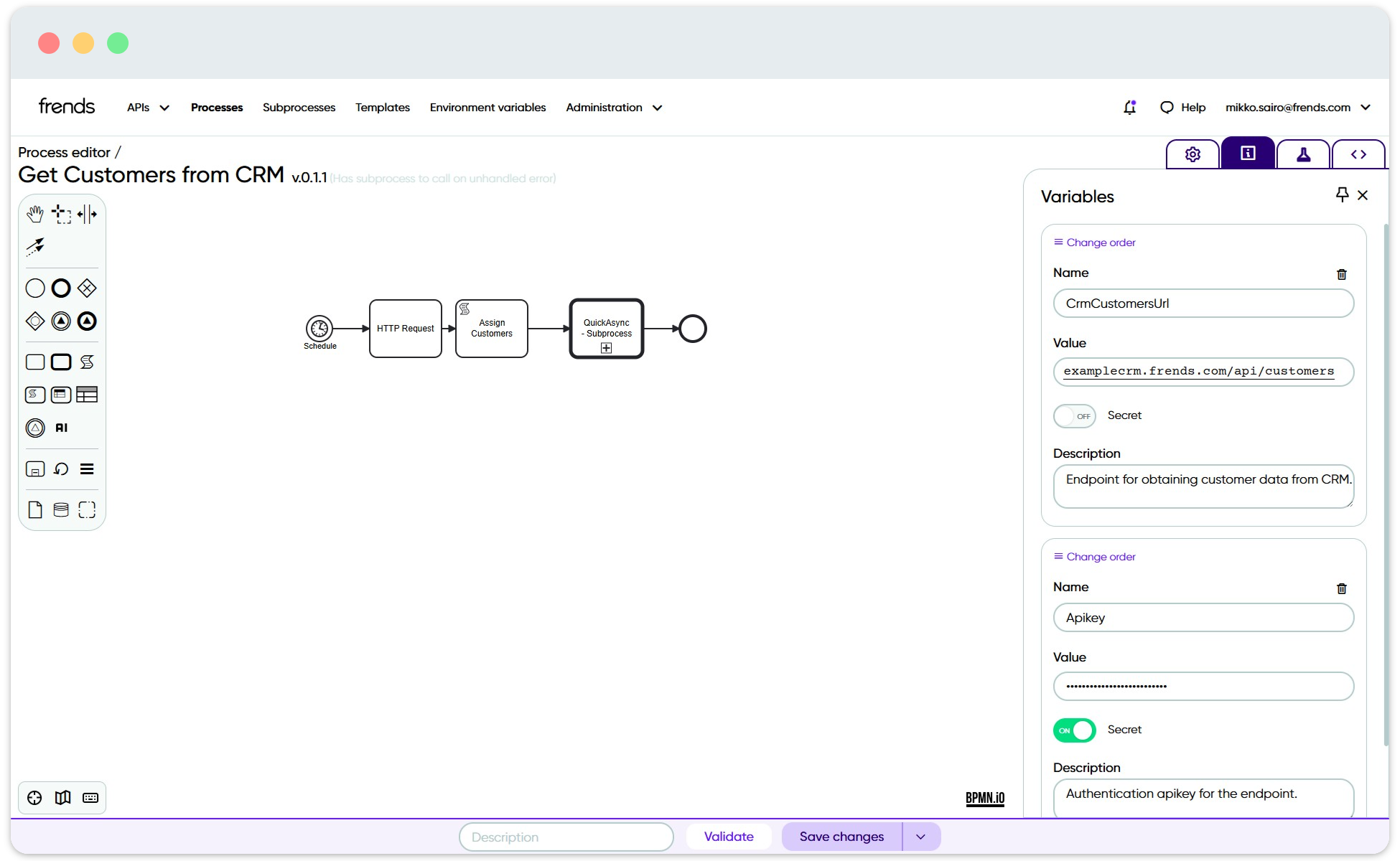 Specifying process variables in the process editor makes it possible to adapt the template to different users and environments.