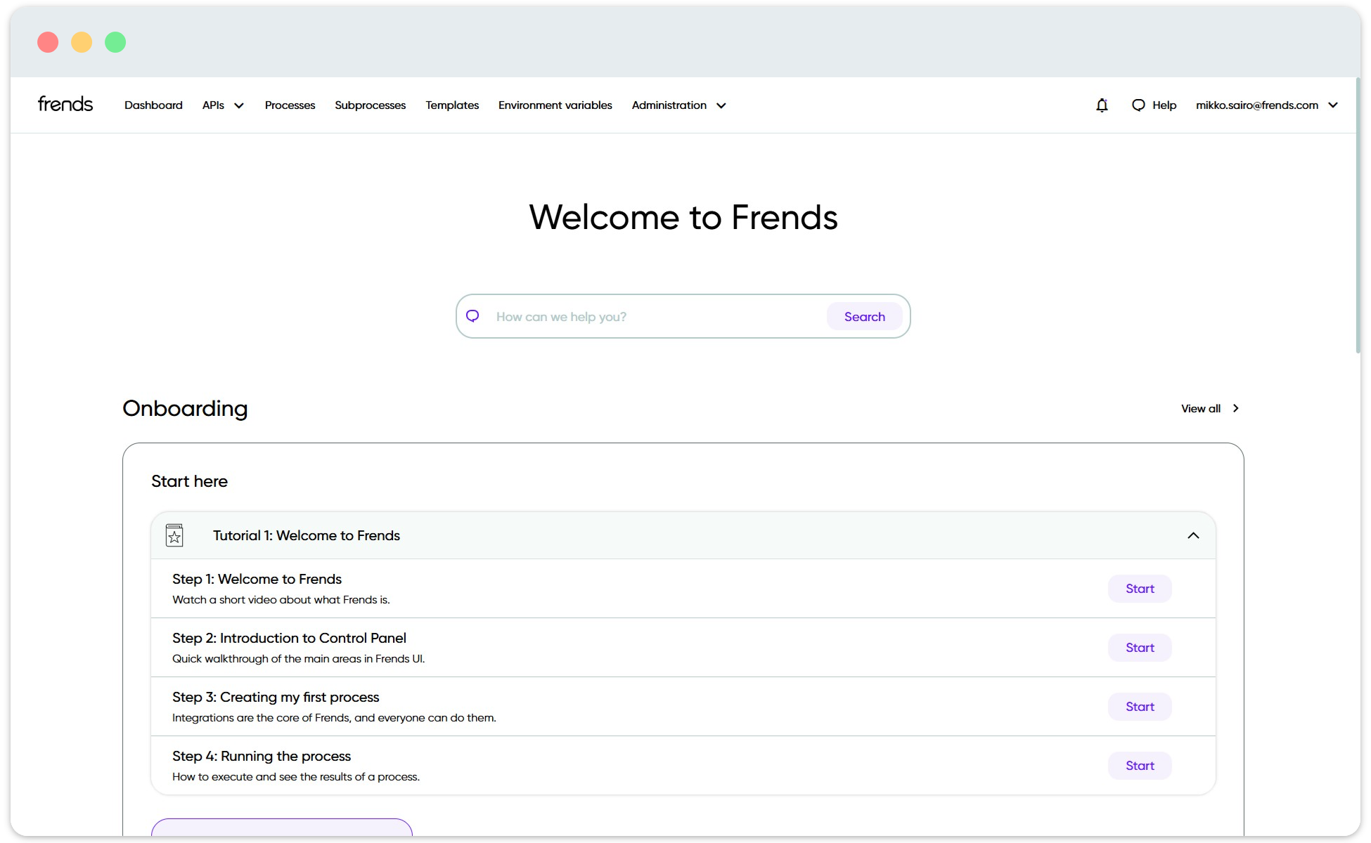 Arriving to your Frends tenant, you are greeted with the help resources available to you.